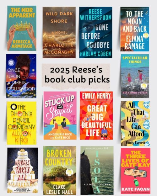 Book covers of all 14 of Reese Witherspoon's book club picks from 2025